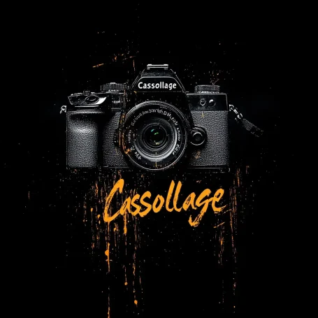 Logo von Cassollage mit einer analogen Kamera und oranger Schrift auf schwarzem Hintergrund