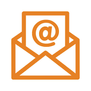Logo Meine E- Mail, Orange Briefumschlag mit einer Nachricht und einem @-Symbol.