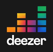 Logo von Deezer mit bunten Balken und Schriftzug in Weiß auf schwarzem Hintergrund.